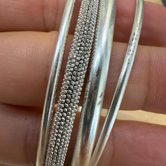 Vintage Monet Silver-Tone Stackable Bangle Bracelets With Textured & Smooth Desi - Picture 11 of 12